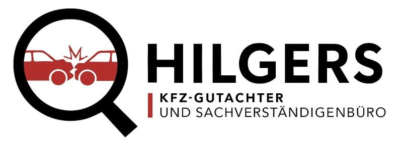 Logo von Hilgers, Kfz-Gutachter und Sachverständiger, mit Autos und Lupe.